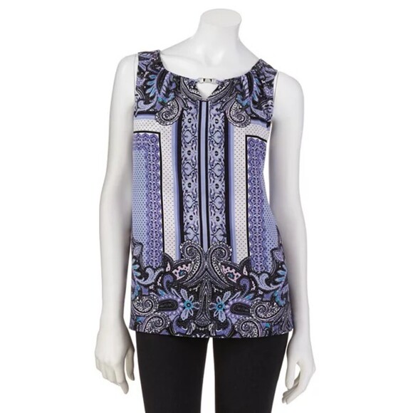 Dana Buchman | Blue Bandana Print Sleeveless Blouse | Large - Picture 1 of 9